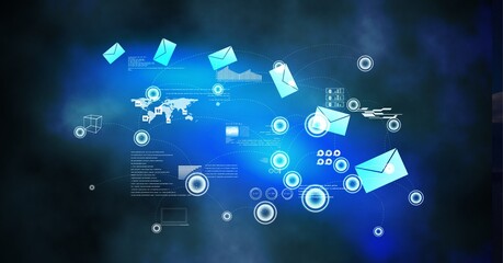 Digital interface with data processing against blue spots of light on black background