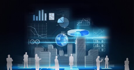 Silhouettes of business people over 3d city model and financial data processing on black background