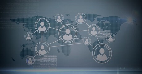 Network of multiple profile icons and data processing over world map against grey background