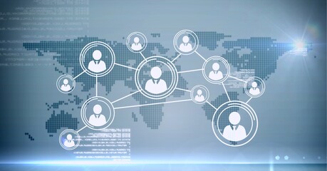 Network of multiple profile icons and data processing over world map against grey background