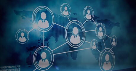 Obraz premium Network of multiple profile icons and data processing over world map against blue background