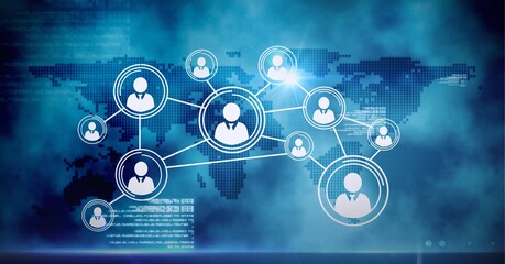 Network of multiple profile icons and data processing over world map against blue background