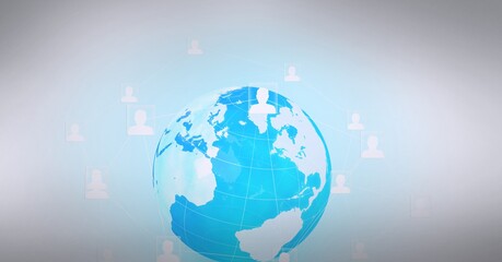 Network of multiple profile icons over globe against grey background