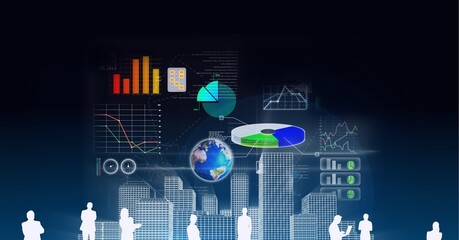 Silhouettes of business people over 3d city model and financial data processing on black background