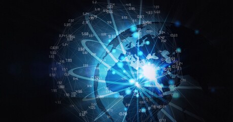Composition of network of connections with numbers over globe on black background