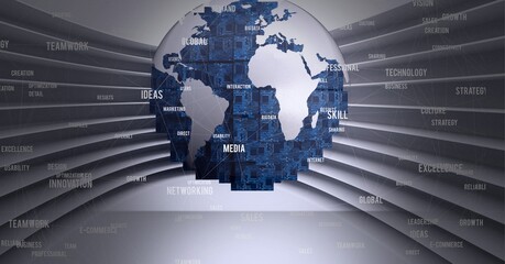 Composition of business text over globe formed with circuit boards