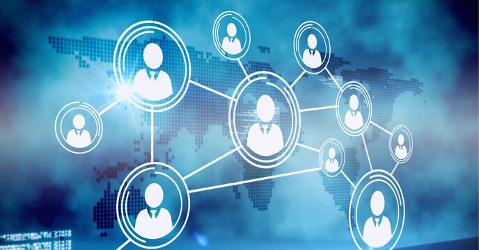 Network of multiple profile icons and data processing over world map against blue background