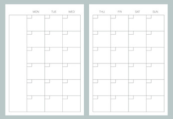 A5 format. Endless Organizer and bullet journal printable pages. Perfect minimalist monthly planner. For every month. Events personal calendar. Notes. Week starts at Monday. Stationery. Vector - obrazy, fototapety, plakaty