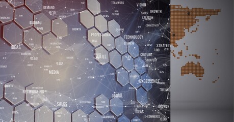 Composition of network of connections with business text and icons over hexagons and world map