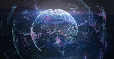Composition of globe with network of connections over landscape in background