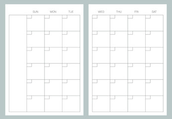 A5 format. Endless Organizer and bullet journal printable pages. Perfect minimalist monthly planner. For every month. Events personal calendar. Notes. Week starts at Sunday. Stationery. Vector