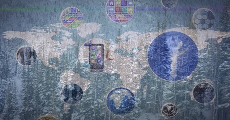 Composition of network of connections with icons over world map