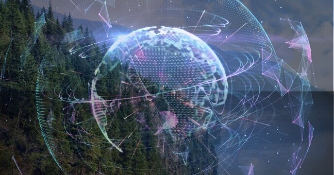 Composition of globe with network of connections over landscape in background