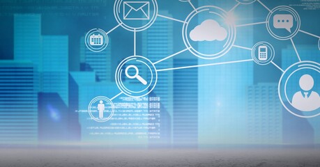 Composition of network of connections with icons over cityscape