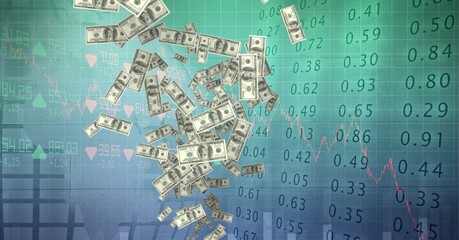 Composition of american dollar bills falling over financial data processing on green background