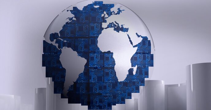 Composition of globe formed with computer circuit boards and white blocks on white background