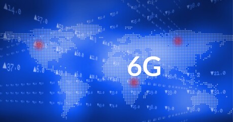Fototapeta premium Composition of 6g text and data processing over world map on blue background