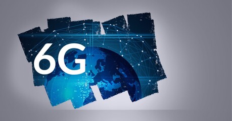 Composition of 6g text over network of connections with globe on grey