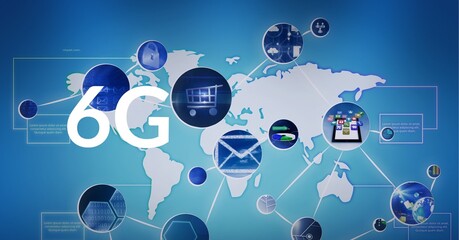 Composition of 6g text over network of connections with icons and world map on blue