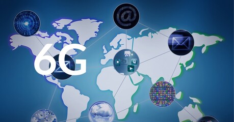 Composition of 6g text over network of connections with icons and world map on blue