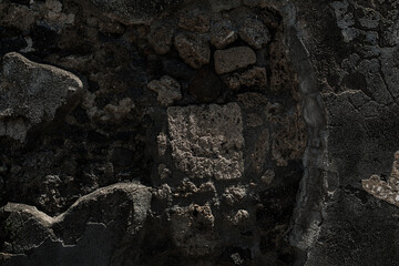 Old grungy retro dirty dusty brick wall of built fortress city. Cracked vintage pitted peeled surface worn facade cellar. Ruined shabby grimy holes blocks. Crumbled ragged pathway for 3D grunge design