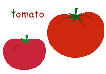 Two ripe red tomatos and the inscription. Natural organic farm food. Flat vector stock illustration  Fresh tomato isolated on a white background. 