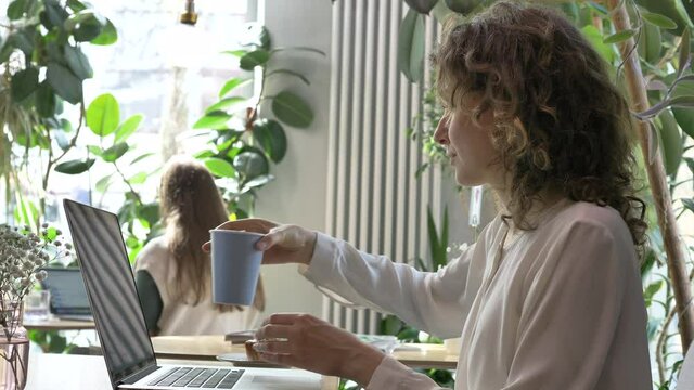 Positive woman in white shirt drinks coffee and works on laptop at table in cafe with green houseplants side view slow motion