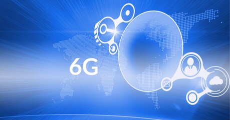 Composition of 6g text over networks of white people icons on world map on blue background
