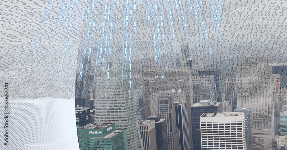 Poster composition of binary coding over modern office cityscape background