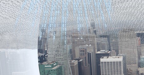 Composition of binary coding over modern office cityscape background