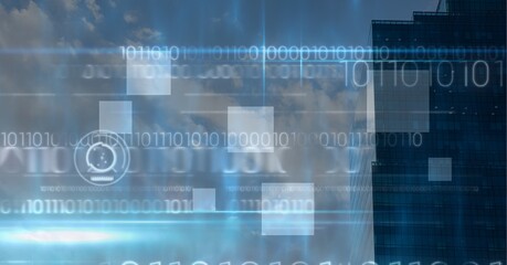 Composition of binary coding with scope scanning and white screens over cityscape