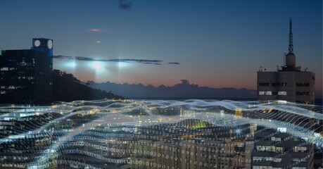 Composition of waves of binary coding over cityscape