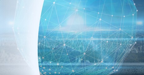 Composition of globe of connections over cityscape with white banner