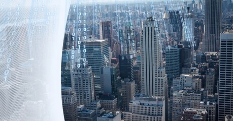 Composition of binary coding with white curved banner over cityscape