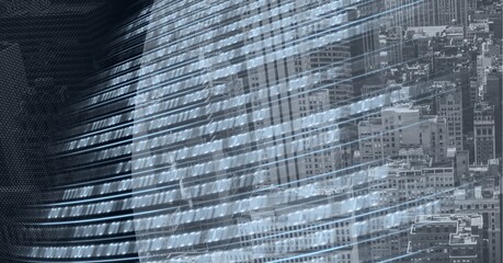 Composition of binary coding with grey curved banner over cityscape