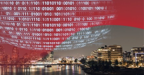 Composition of binary coding with red curved banner over cityscape