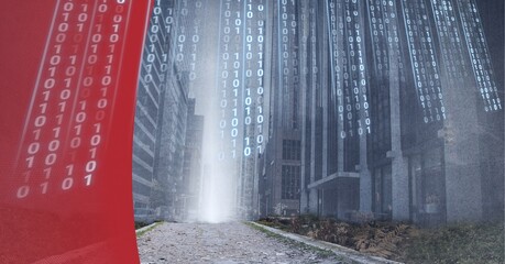 Composition of binary coding over cityscape with red curved banner