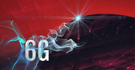 Composition of 6g text over blue light trails on red background