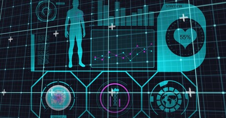 Composition of dna, human body, medical icons and data processing on black background