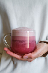 A cup of red velvet latte in the hands of a girl on a light background. Hot tasty drink. Trendy beetroot trendy drink with milk. A healthy alternative tasty dessert in a clear glass cup. Poster