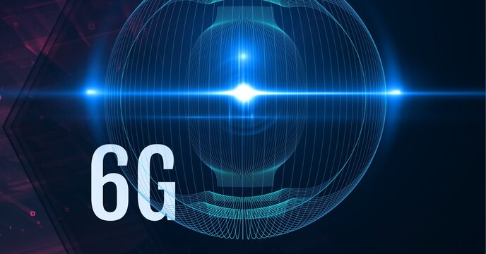 Composition of 6g text over blue light globe on black background