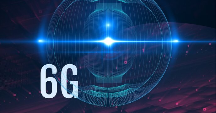 Composition of 6g text over blue light globe on red and black background