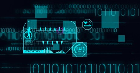 Composition of binary coding, human icon and data processing on screen circle on black background