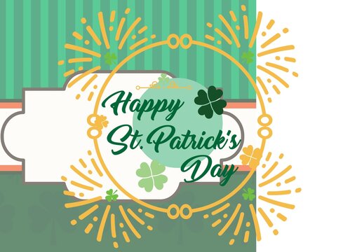 Composition of happy st patrick's day text in yellow frame with clover on green stripes