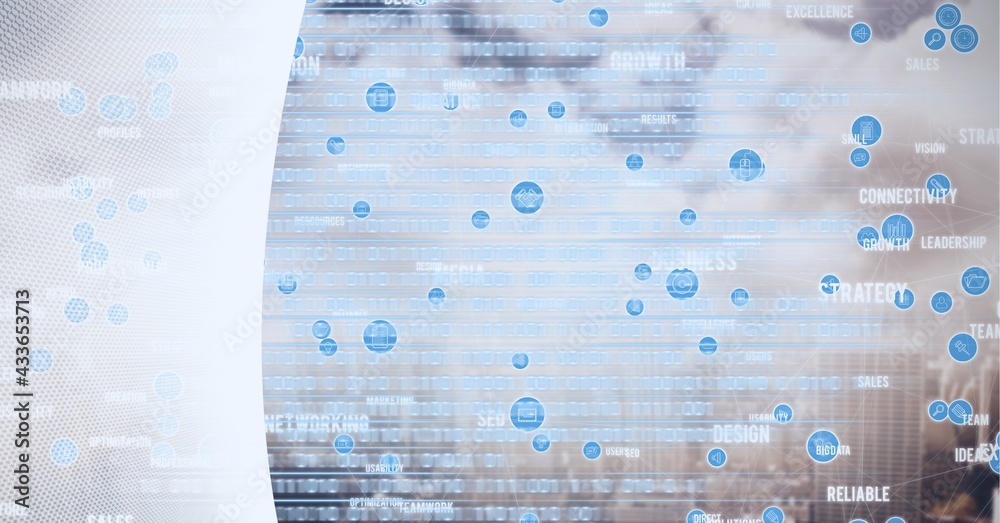 Fototapete composition of icons, technology text and binary coding over clouds, cityscape and white background