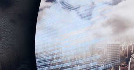 Composition of binary coding over clouds, cityscape and black background