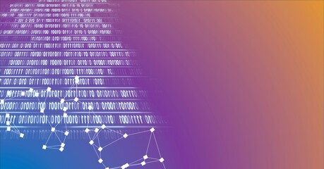Composition of binary coding and network of connections on orange to purple background