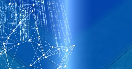 Composition of binary coding and network of connections on blue background