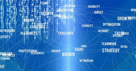 Composition of business text, binary coding and network of connections on blue background
