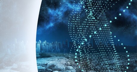 Composition of dna strand network of connections over cityscape and grey background